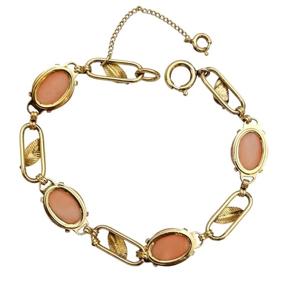 Gold Filled Coral Cabochon Chain Bracelet Leaf Paper Clip Oval Links C675 - Picture 4 of 10